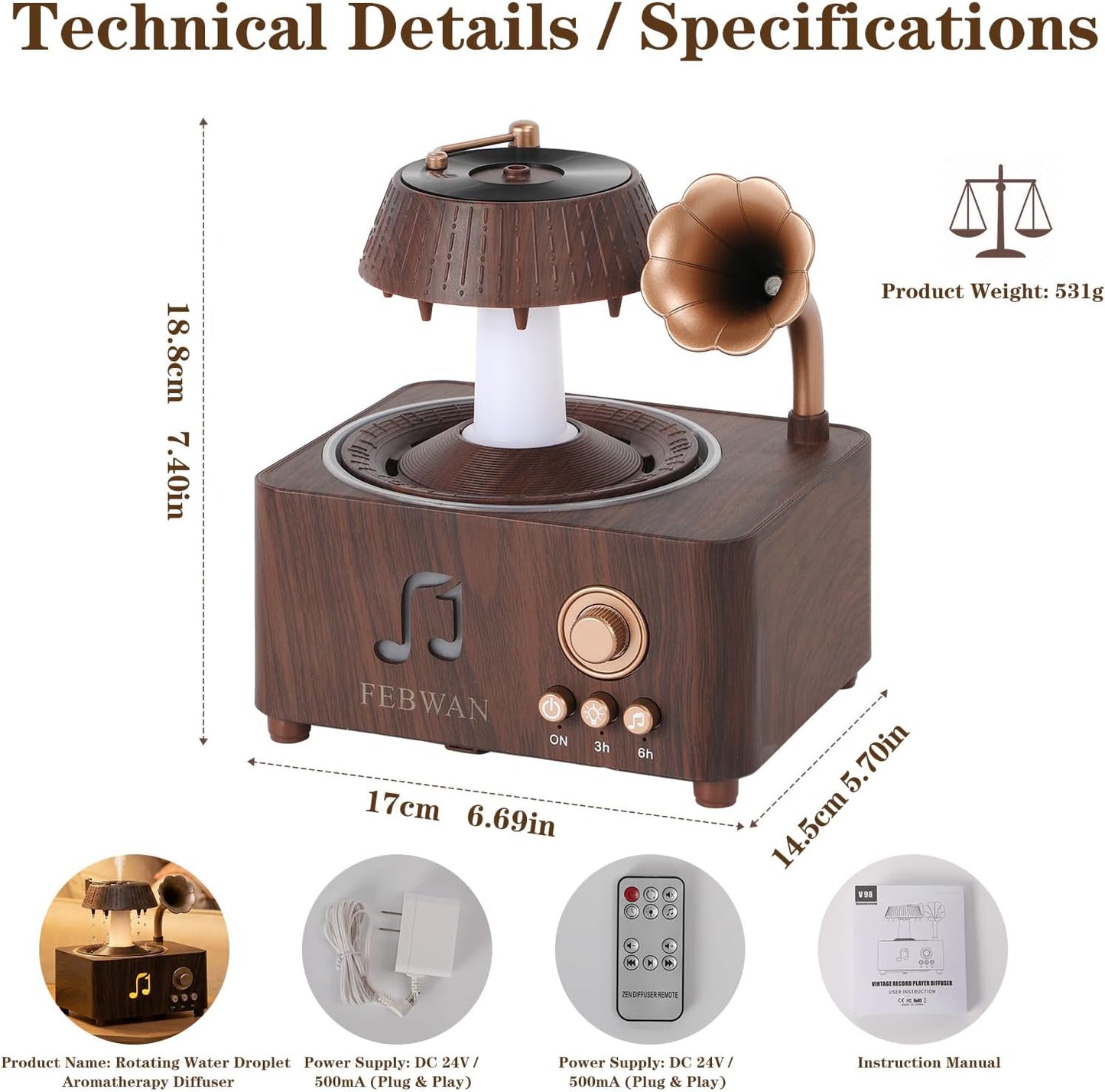 White Noise Aromatherapy Diffuser, Essential Oil Diffuser with Rain Sound, Bluetooth Speaker, Humidifier for Baby Sleep, Yoga, Nursery, Anxiety Relief, Timer, Remote, 250ML